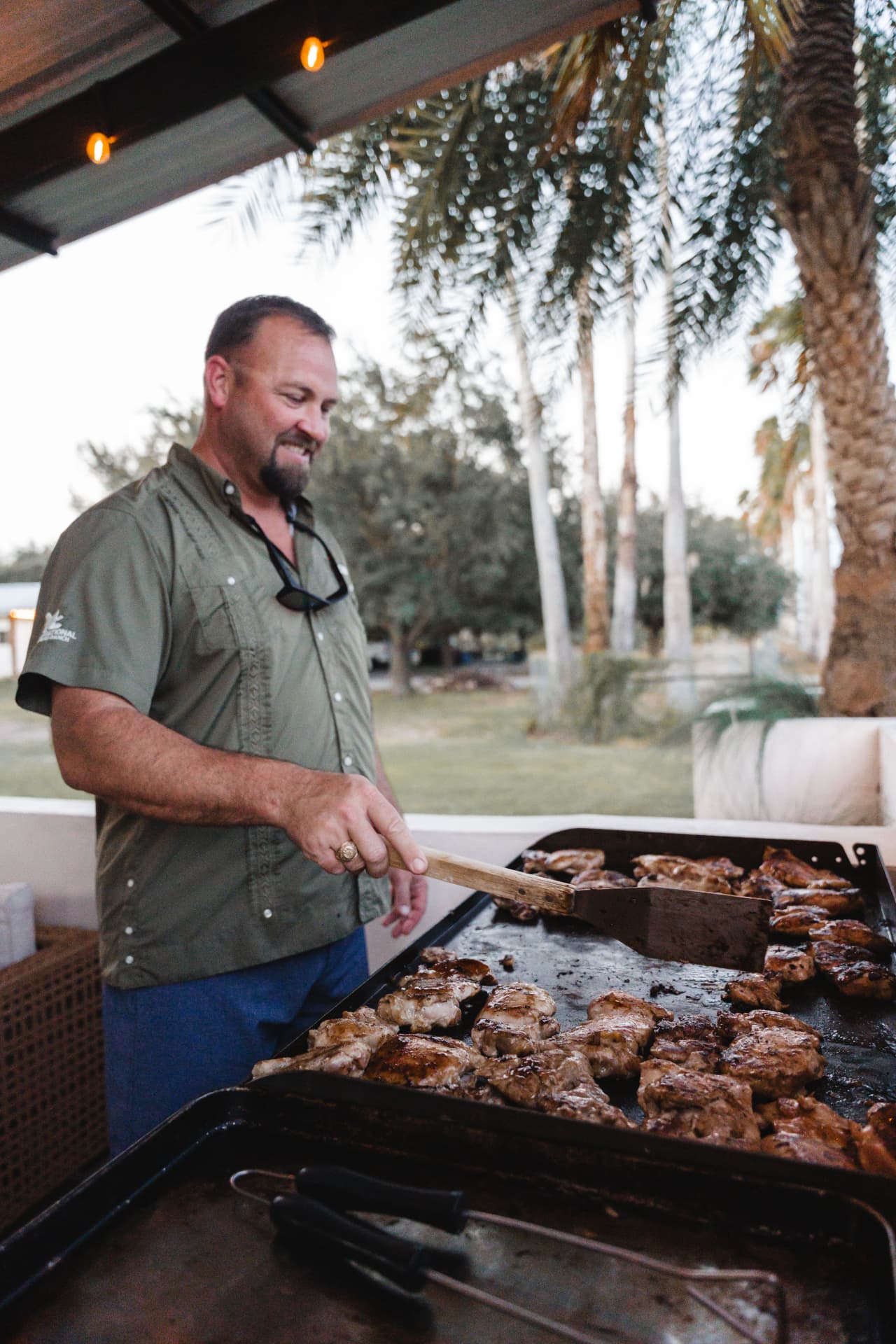 Cooking on the flat-top griddle as the sun goes down